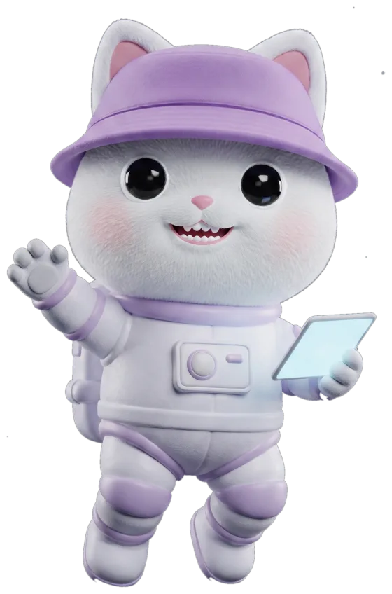 Hiro, the Orbit assistant, floating in space in a spacesuit