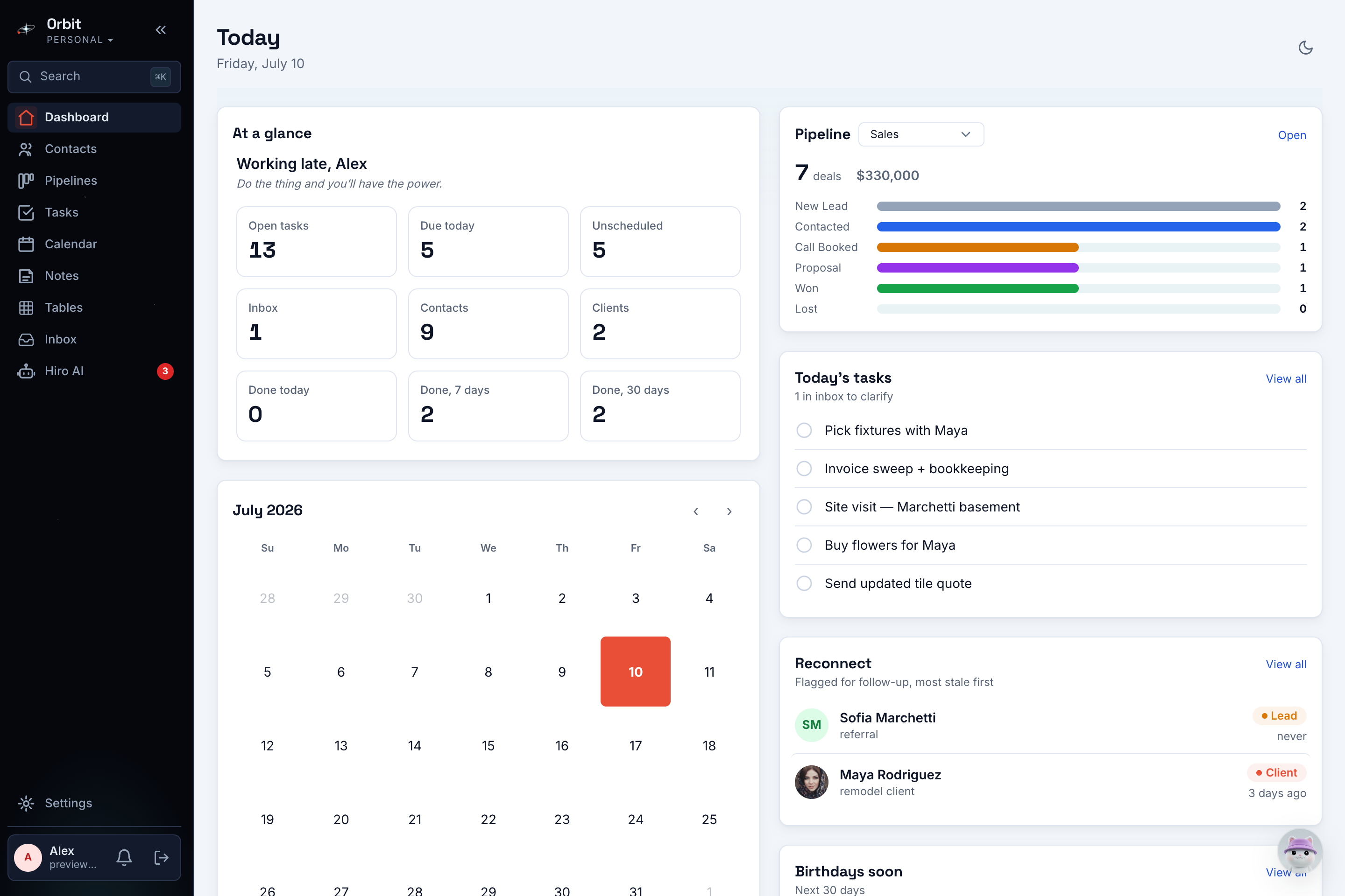 The Orbit dashboard in dark mode: follow-ups due, tasks, and pipeline at a glance